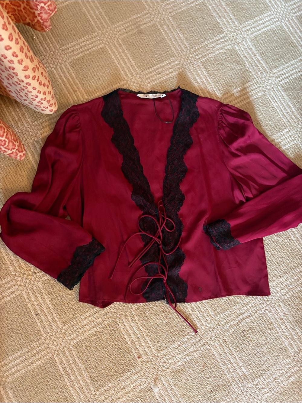 Size M Zara Burgundy Lace-Trim Tie Blouse